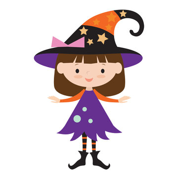 Cute Halloween witch girl vector cartoon illustration