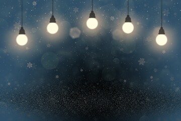 Fototapeta na wymiar cute sparkling glitter lights defocused bokeh abstract background with light bulbs and falling snow flakes fly, festal mockup texture with blank space for your content