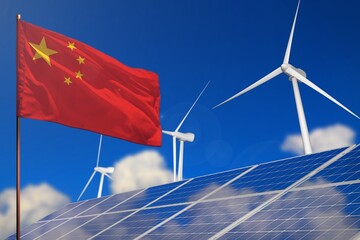 China renewable energy, wind and solar energy concept with windmills and solar panels - renewable energy - industrial illustration, 3D illustration