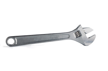 silver-colored adjustable wrench insulated on a white background