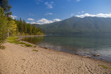 Lake McDonald at Glacier National Park with mountain range background