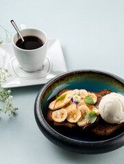 dessert banana bread with caramel banana and ice cream