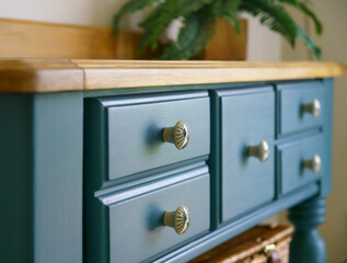 a beautiful hand painted deep blue dresser with finished wooden joinery top