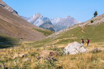 Fototapeta na wymiar Jóvenes excursionistas haciendo senderismo por los Pirineos. 