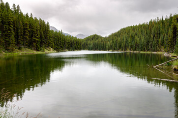 rain on Moose Lake reflection in cloudy day in summer in Jasper in Banff National Park, Alberta, Canada