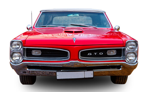 American vintage muscle car 1966 Pontiac GTO. Front view. White background.