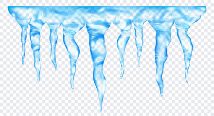 Group of translucent light blue realistic icicles of different lengths, connected at the top, isolated on transparent background. Transparency only in vector format