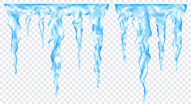 Group of translucent light blue realistic icicles of different lengths, connected at the top, isolated on transparent background. Transparency only in vector format