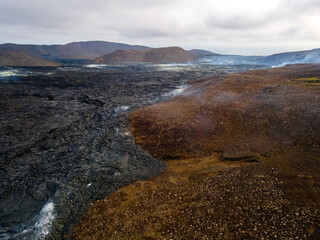 Impressive aerial view of the exploding red lava from the Active Volcano in Iceland