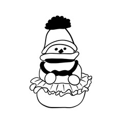 Simple outline of cute new year snowman, happy new year, black lines on white background