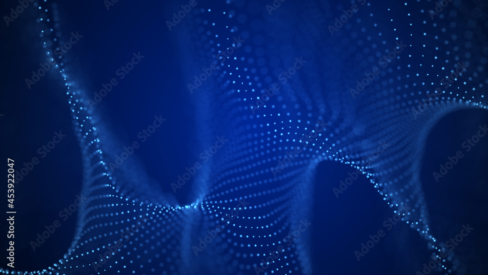 Poster Blue dynamic particles wave. Embossed mesh representing internet connections, cloud computing and neural networks. Data flow. Technology background. 3d rendering.