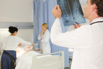 Fototapeta premium Doctors examining x-rays in hospital room