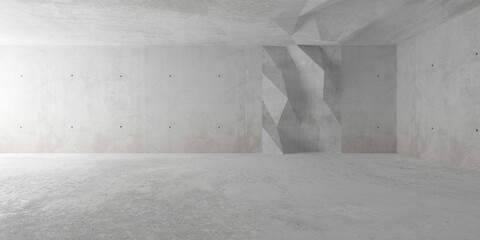 Abstract empty, modern concrete room with indirect lighting from left side, random shifted polygon element and rough floor - industrial interior background template