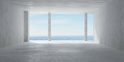 Abstract empty, modern concrete room with pillars and ocean view and rough floor - industrial interior background template