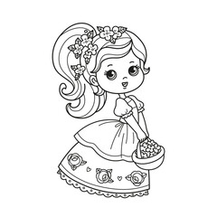 Cartoon character, a cute little princess in a lush beautiful dress holds a basket of flowers. Coloring book for children, vector black line illustration on white background. Girl gardener for decor