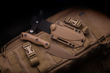 A modern military knife and a plastic sheath for it. Edged weapons lie on a desert-colored military...