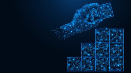The hand puts the cube. Business plan for revenue growth. Polygonal construction of lines and points. Blue background.