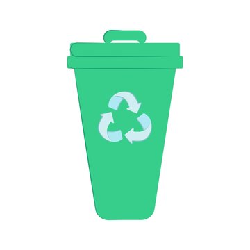 garbage bin isolated on white background. Vector flat illustration. Vector green recycling bin with recycle sign 