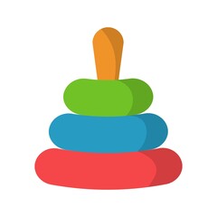 Rings pyramid toy. Single educational toddler toy. Vector flat illustration. Children's toy isolated on a white background. Pyramid toy icon, rainbow circles. Fine motor development