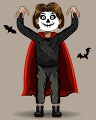 Halloween. The guy in the mask. Feast of All Saints. Costume. Trick or treat. Bat. Beige background. Red raincoat. Scull. Handsome fellow. Boo. Fright. Poster for print design.Vector illustration. 