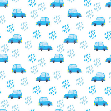 Seamless pattern with cute blue cars on a white background. Vector illustration in minimalistic flat style, hand drawing. Baby print for textiles, print design, postcards, kids