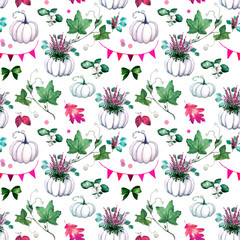 Hand drawn watercolor seamless pattern pumpkin vase, heather bouquet, branch, leaves and garland isolated on white background. Thanksgiving and halloween home decorations, interior print, postcards