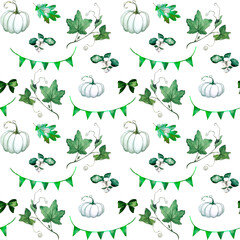 Hand painted watercolor seamless pattern with isolated white pimpkins, leaves, green decorations. For interior textile, wrapping paper, thanksgiving and helloween home decor, fabric print, postcards