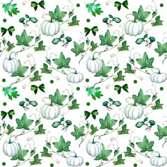 White pumpkins, berries and branches isolated on white background. Hand drawn seamless pattern in cute watercolor style. Illustration for interior textile, clothes, postcards and polygraphs design