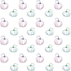 Hand drawn watercolor seamless pattern with green and purple pumpkins isolated on white background. Thanksgiving and halloween home decorations, interior print, postcard, wrapping paper, clothes
