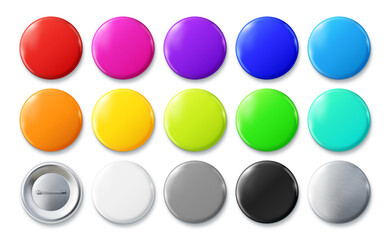 Color pin badges. Glossy round button, pinned badge vector mockup set
