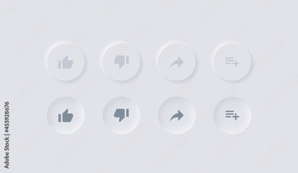 Leinwandbilder like dislike share save icon - thumbs up and down with white neumorphism buttons - youtube icons in circle neumorphic button- notification reaction icons for apps and website ui ux design interface