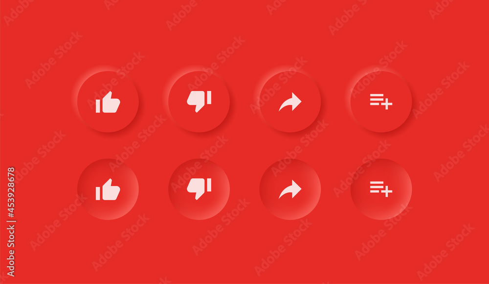 Poster like dislike share save icon - thumbs up and down with white neumorphism buttons  youtube icons in circle red neumorphic button- notification reaction icons for apps and website ui ux design interface