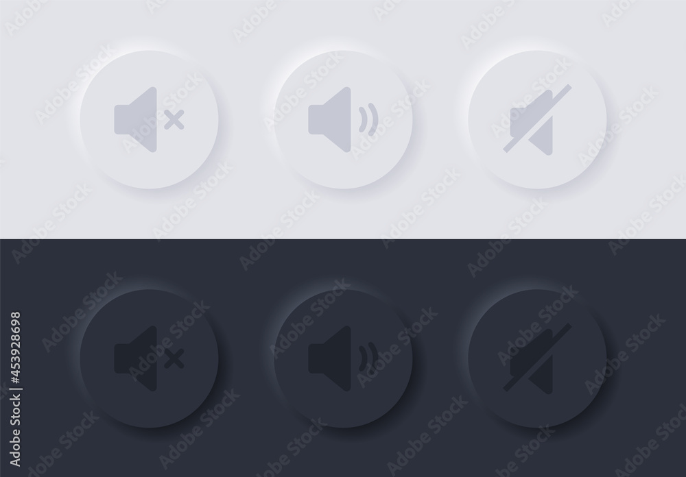 Poster Speaker icon - sound volume icon button - Neomorphic circle loudspeaker symbol - Mute and unmute volume sound  - media player buttons in Neumorphism style with black and white