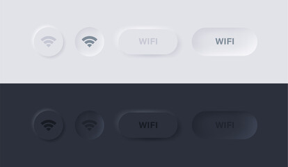 Wireless and wifi icon with white neumorphism buttons -  Wi-fi signal symbol or internet access in circle neumorphic style - Internet Connection icons for apps and website ui ux design interface