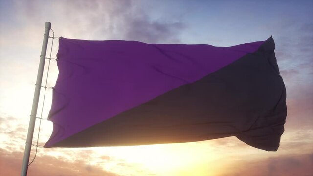 Anarcha feminism flag waving in the wind, sky and sun background