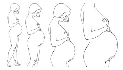 A young, pregnant woman. Vector, contour drawing by hand. The concept of happy motherhood, the desired conception of a child.