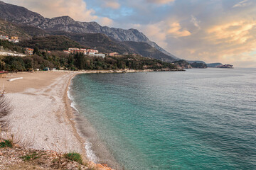 The strip of the Kamenovo beach and the turquoise water of the Adriatic Sea