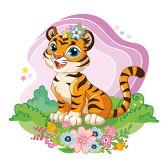 Obraz na płótnie Canvas Cute cartoon vector tiger sitting in flowers