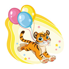 Fototapeta premium Cute cartoon vector tiger runs with balloons