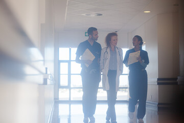 Hospital staff walking in hallway