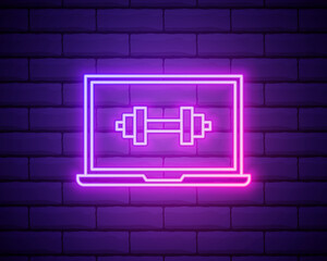 Laptop and Dumbbell neon icon. Vector illustration for design. Sports concept. Gym sign. Fitness at home online.