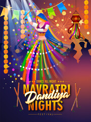 Illustration of couple playing Garba and Dandiya in Navratri Celebration and disco,  Gujarati Garba Night poster for Navratri Dussehra festival of India