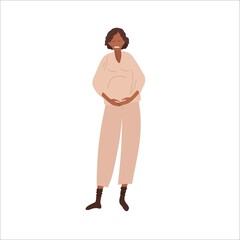 Fototapeta premium Abdominal pain during pregnancy. Pregnant woman holding her belly, Risk of preterm birth. African American Woman suffers from vomiting, feel bad. Flat vector illustration. Pregnancy symptoms concept