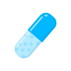 Blue capsule with dragees. Spansula with drug granules isolated on white background. Medical therapy concept. Vector cartoon illustration.