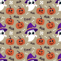 Seamless background with characters of the holiday Halloween. Pumpkin and ghost childish cute style. Baby cartoon print, kind funny monsters on a beige background. Vector illustration