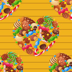 Seamless pattern with hearts made of colored sweets, chocolate and lollipops on a yellow striped background. Beautiful cheerful background. Vector illustration for textile decoration, bakery design