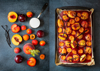 Food diptych showing overhead view of raw ingredients for caramelized stone fruit on the left and the baked dish on the right 