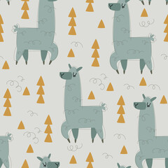 Seamless pattern with animal alpaca or llama on a gray background with golden triangular Christmas trees. Vector abstract illustration in minimalistic flat style, hand drawing. For print design © GreenPencil