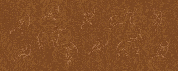 Elegant vector bright background in orange-brown tones with texture of spots and drawings in the style of Lascaux cave. Abstract background with contours of bulls and hunters with bows. Rock paintings