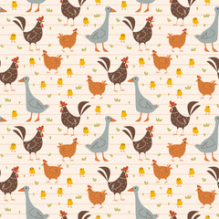 Seamless pattern with cartoon funny birds, geese, chickens and chickens. Gray and brown. Children s drawing is hand-drawn with cute characters of farm birds in a minimalist style. Vector illustration